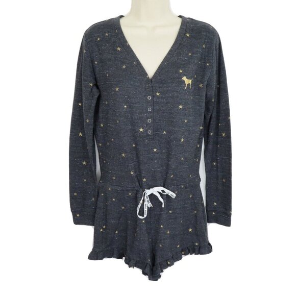 PINK Victorias Secret Medium Gold Ribbed Snap Front Long Sleeve Lounge Romper - Picture 11 of 11